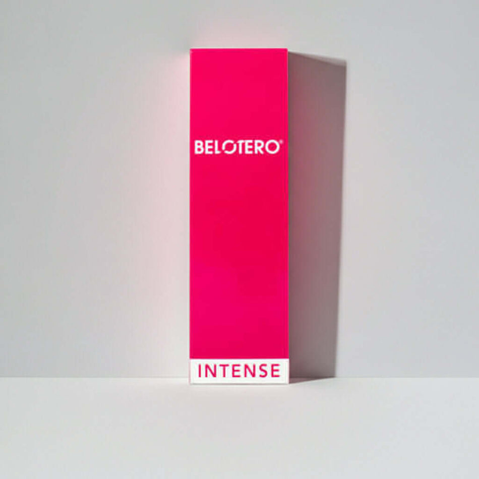 Belotero Intense Lidocaine 1ml dermal filler by MERZ, featuring packaging and syringe for deep wrinkle treatment.