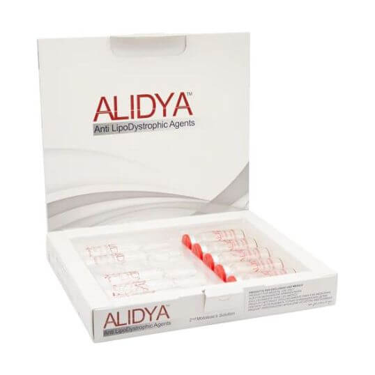 Alidya (5 x 10 ml) Verpackung mit Anti LipoDystrophic Agents zur Hautpflege und Hautverfeinerung.