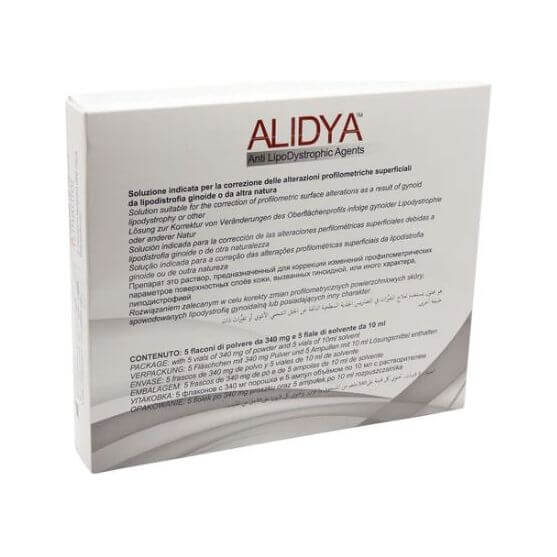 Alidya (5 x 10 ml) Verpackung mit Anwendungshinweisen für die Hautpflege und Hautverfeinerung.