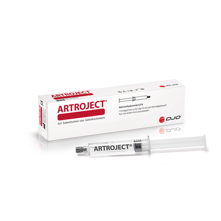 Hyaluronsäure Gelenkspritze ARTROJECT 50mg/10ml von ORMED GmbH für Arthrose, stabile Fertigspritze, sichtbar in der Abbildung