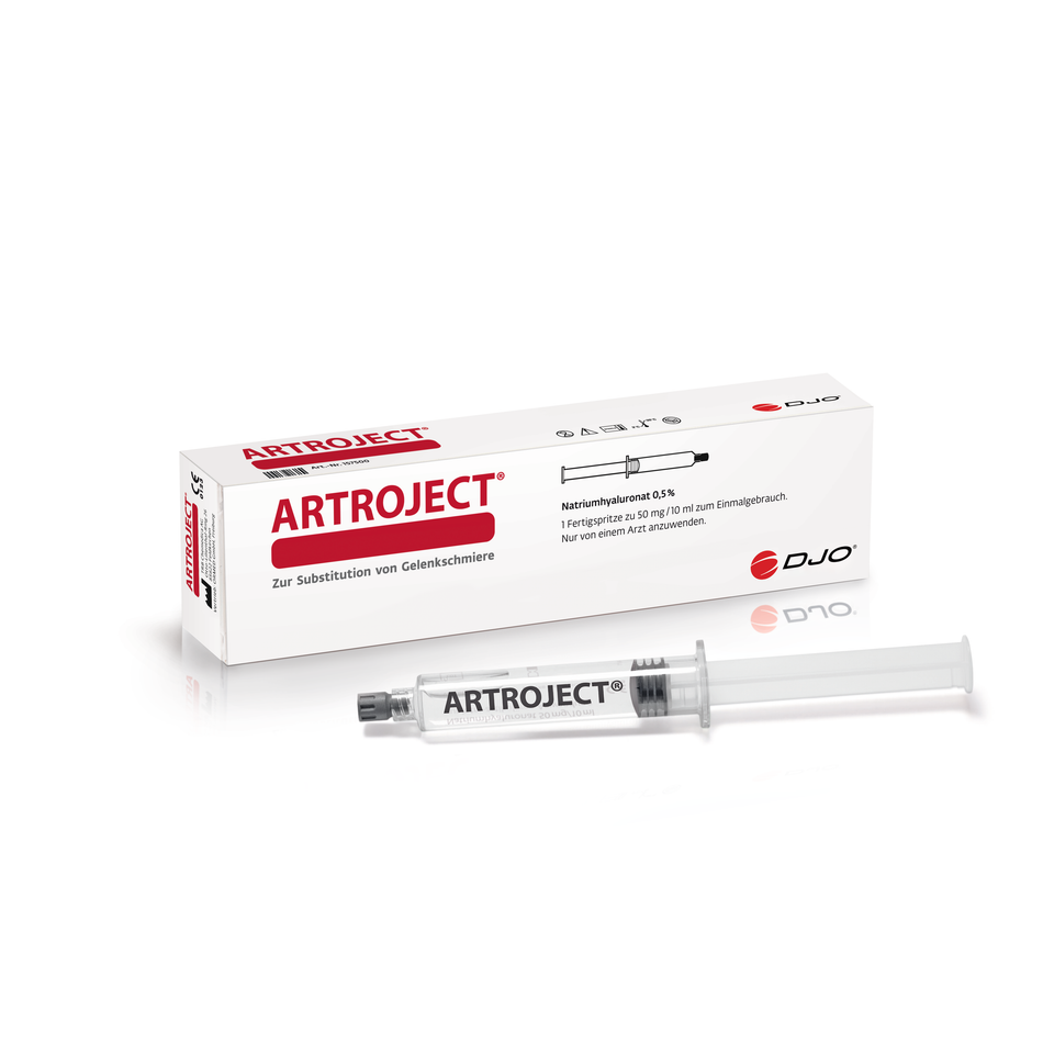 Hyaluronsäure Gelenkspritze ARTROJECT 50mg/10ml von ORMED GmbH für Arthrose, stabile Fertigspritze, sichtbar in der Abbildung