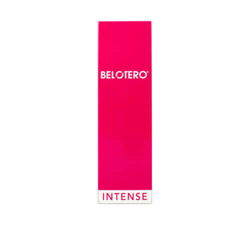 Belotero Intense (1 x 1 ml) Produktverpackung in leuchtendem Pink mit INTENSE Aufschrift.
