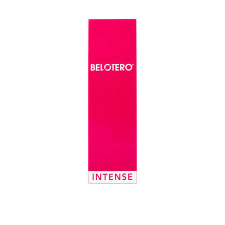 Belotero Intense (1 x 1 ml) Produktverpackung in leuchtendem Pink mit INTENSE Aufschrift.