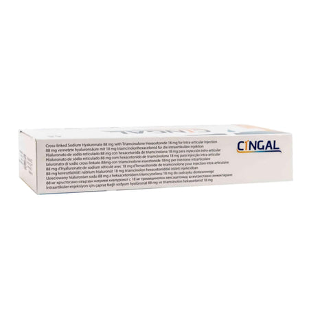 Sterile Spritze mit Cingal 4ml Hyaluronsäure und Triamcinolon für Arthrose-Injektion, sichtbar in der Verpackung.