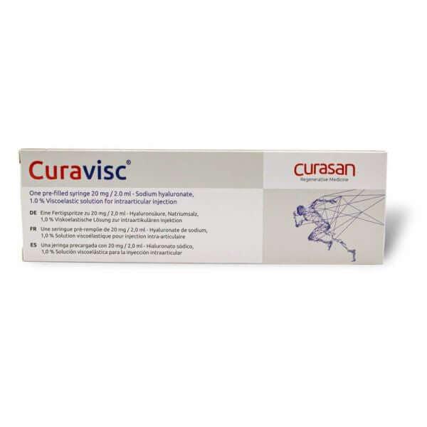 Hyaluronsäure Gelenkspritze Curavisc 20mg/2ml für Arthrose, von Curasan AG, zeigt die Injektion in einer Spritze.