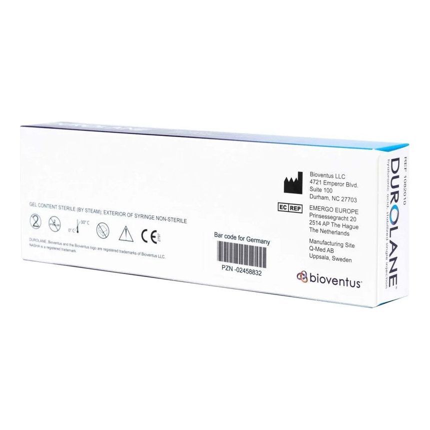 Hyaluronsäure-Injektion von Bioventus, Durolane 60mg/3ml, Gelenkspritze gegen Arthrose, sichtbare Einmalspritze