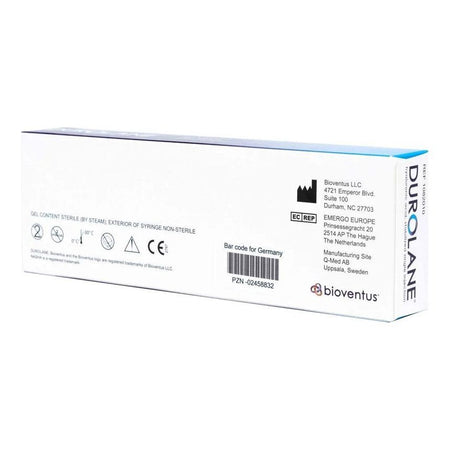 Hyaluronsäure-Injektion von Bioventus, Durolane 60mg/3ml, Gelenkspritze gegen Arthrose, sichtbare Einmalspritze