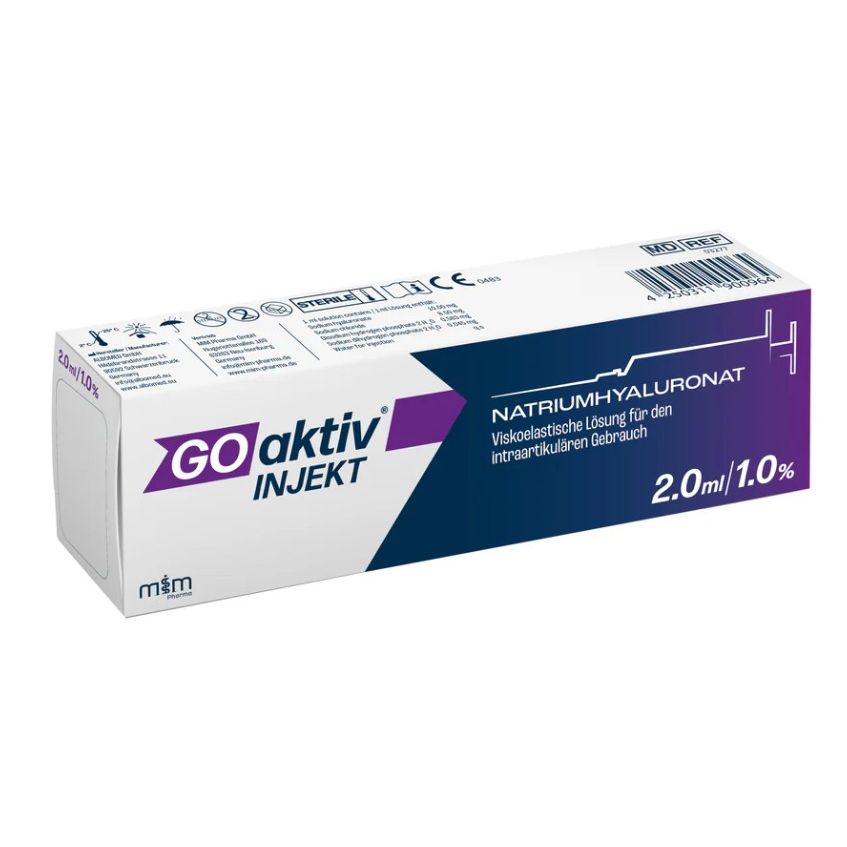 Gelenkspritze mit 2ml Hyaluronsäure zur intraartikulären Injektion bei Arthrose, hergestellt von Viatris Healthcare GmbH.