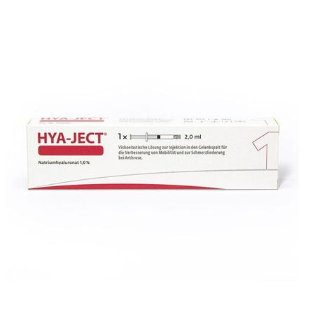 HYA-JECT 20mg/2ml Hyaluronsäure Gelenkspritze von TRB Chemedica AG für Arthrose, Injektion in ein Kniegelenk.