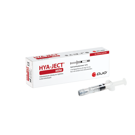HYA-JECT Mini 10 mg Hyaluronsäure Gelenkspritze für kleine Gelenke, von ORMED GmbH, in 1 ml Fertigspritze.