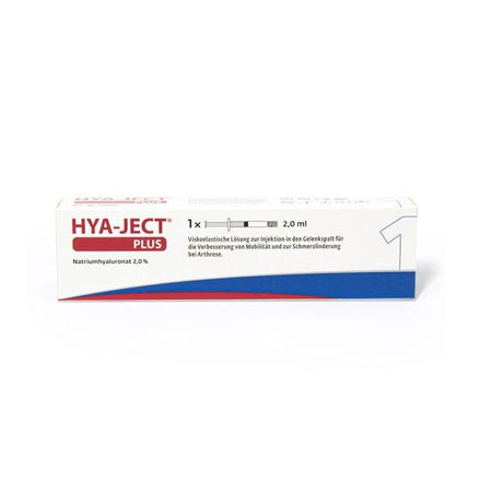 HYA-JECT Mini 10mg/1ml Hyaluronsäure Gelenkspritze für kleine Gelenke, von ORMED GmbH, mit Injektionsflasche.