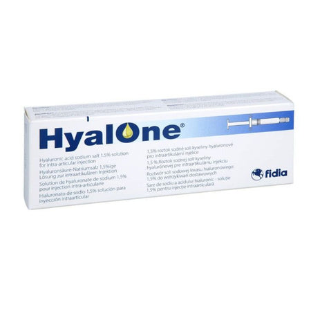 Intraartikulare Hyaluronsäure-Injektion von Fidia Pharma, 60mg/4ml, für Gelenkschmerzen, in Spritze dargestellt