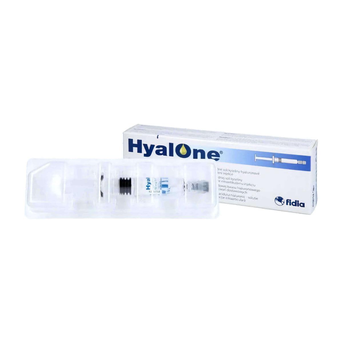Fidia HyalOne 60mg/4ml Gelenkspritze mit Hyaluronsäure für intraartikulale Behandlung, sichtbar in der Injektion.