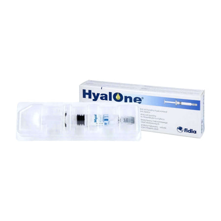 Fidia HyalOne 60mg/4ml Gelenkspritze mit Hyaluronsäure für intraartikulale Behandlung, sichtbar in der Injektion.
