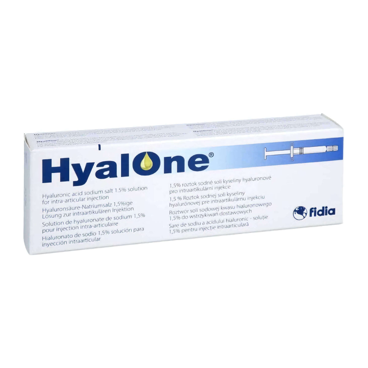 Intraartikulare Hyaluronsäure-Injektion von Fidia Pharma, 60mg/4ml für Gelenkschmerzen, in einer Spritze.