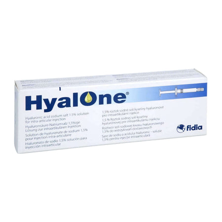 Intraartikulare Hyaluronsäure-Injektion von Fidia Pharma, 60mg/4ml für Gelenkschmerzen, in einer Spritze.