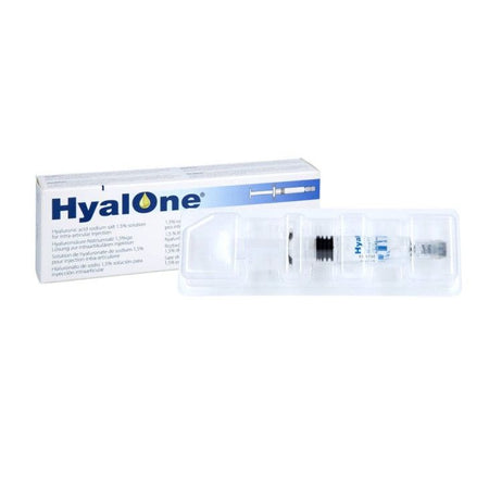 Injektionsspritze mit Hyaluronsäure 60 mg/4 ml von Fidia für Gelenkbehandlung, klare Lösung in transparenter Verpackung