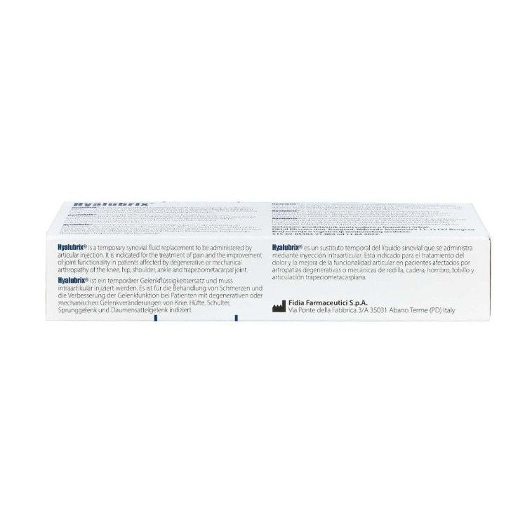 Hyalubrix Gelenkspritze mit 30mg/2ml Hyaluronsäure von Fidia Pharma für Kniegelenksbehandlung, injiziert in das Kniegelenk.
