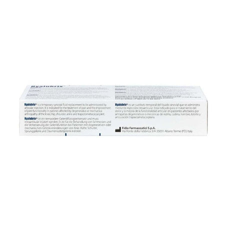 Hyalubrix Gelenkspritze mit 30mg/2ml Hyaluronsäure von Fidia Pharma für Kniegelenksbehandlung, injiziert in das Kniegelenk.