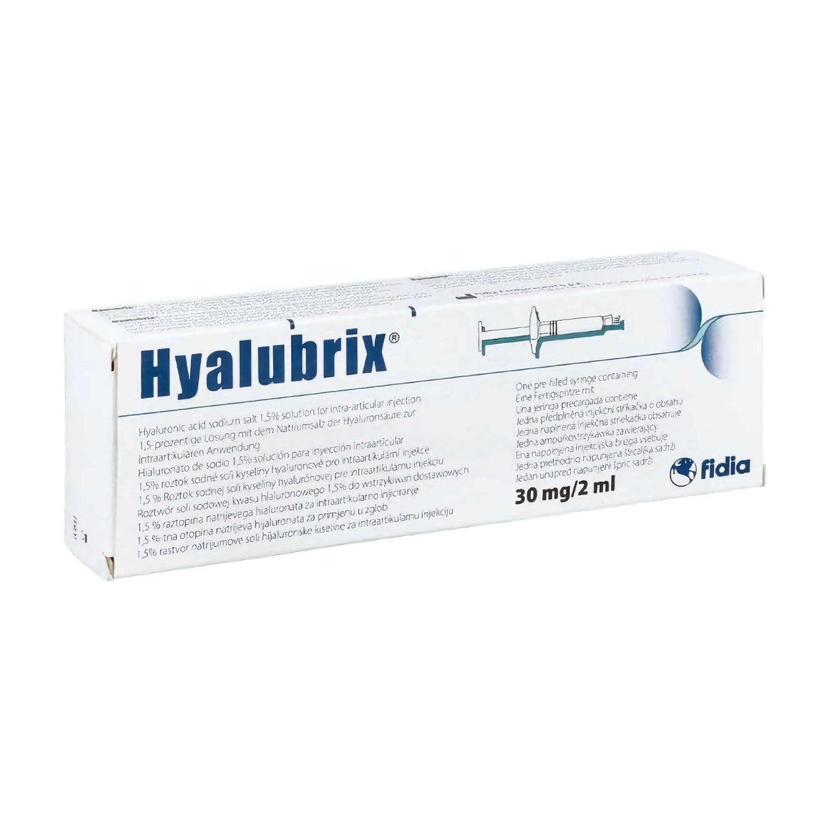 Hyalubrix Gelenkspritze mit hochkonzentrierter Hyaluronsäure 30mg/2ml von Fidia Pharma, Injektionsflasche für Gelenkbehandlung