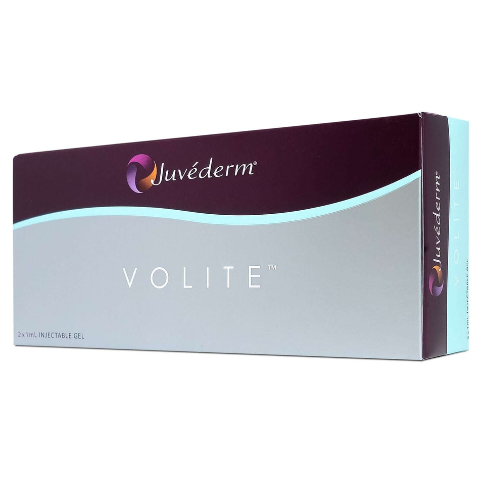 Zwei sterile Juvéderm Volite Hyaluronsäure-Lösungen in Spritzen, Dermalfiller von Allergan für Hauthydration und Volumen.