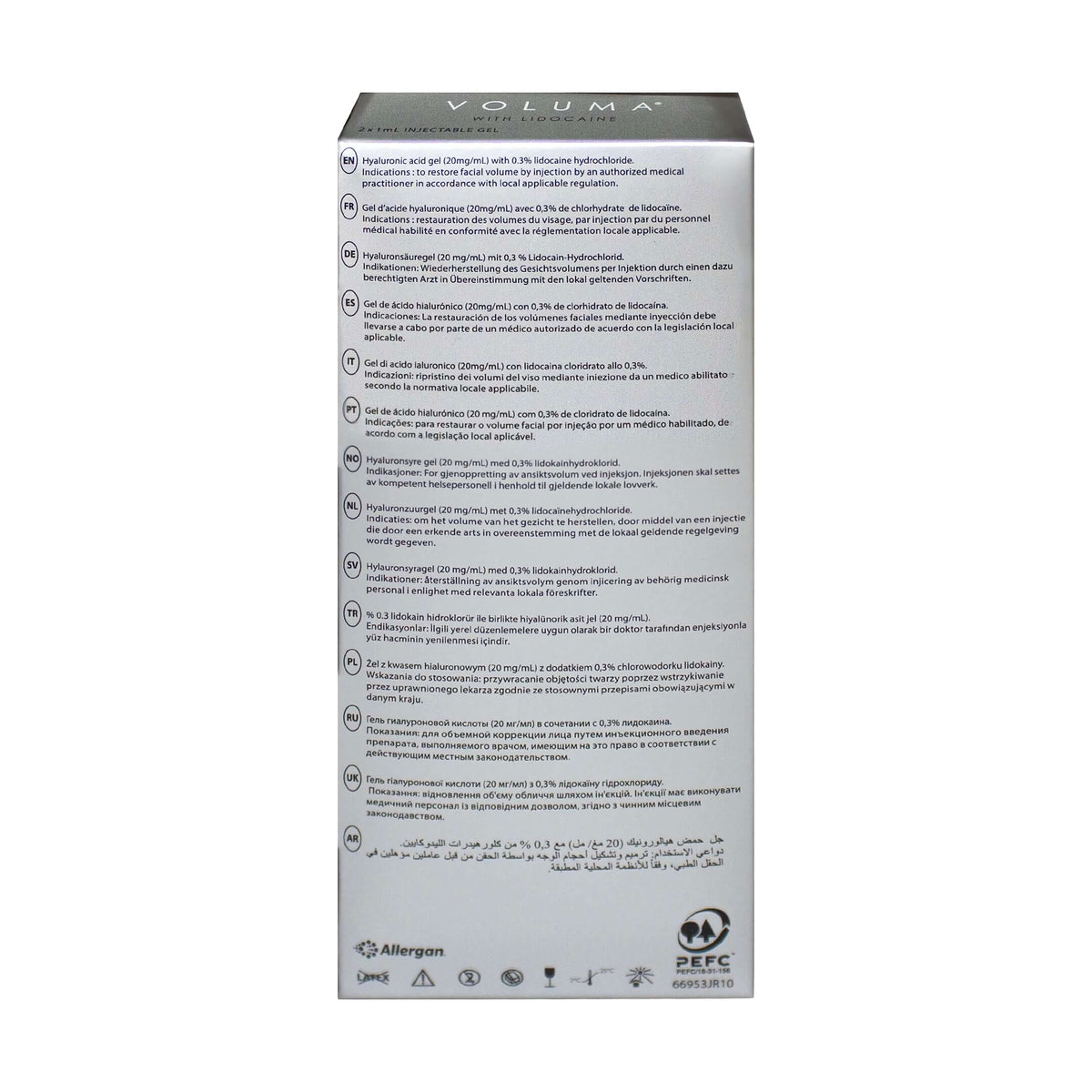 Juvéderm Voluma Dermalfiller 2x1ml mit Hyaluronsäure und Lidocain für Wangenvolumenaugmentation, Allergan, sichtbar in der Verpackung