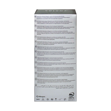 Juvéderm Voluma Dermalfiller 2x1ml mit Hyaluronsäure und Lidocain für Wangenvolumenaugmentation, Allergan, sichtbar in der Verpackung
