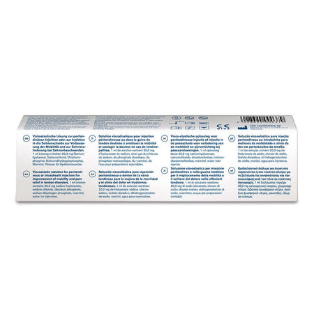 Ostenil Tendon Hyaluronsäure Gelenkspritze von TRB Chemedica, 40 mg/2 ml, Rückseite mit Produktinformationen sichtbar.