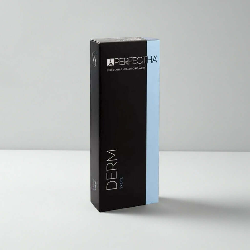 Hyaluronsäure Dermalfiller Perfectha Derm 1ml von Sinclair, zeigt die Verpackung und den Applikator des Mittelfalten-Fillers.