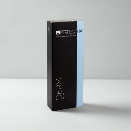 Hyaluronsäure Dermalfiller Perfectha Derm 1ml von Sinclair, zeigt die Verpackung und den Applikator des Mittelfalten-Fillers.