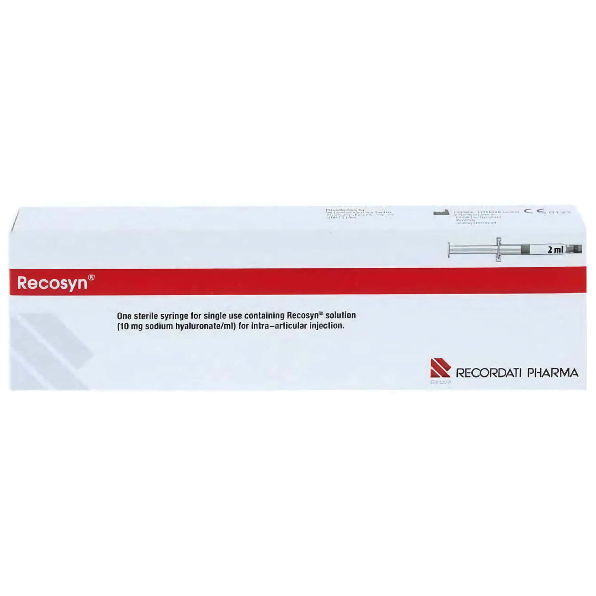 Recosyn 20mg 2ml Hyaluronsäure-Injektion für Gelenke bei Arthrose, von Recordati Pharma, Lösung in Fertigspritze sichtbar
