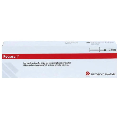Recosyn 20mg 2ml Hyaluronsäure-Injektion für Gelenke bei Arthrose, von Recordati Pharma, Lösung in Fertigspritze sichtbar