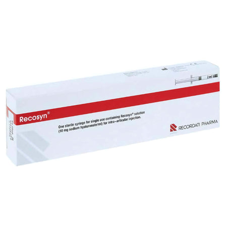 Hyaluronsäure-Injektion in Fertigspritze, Recosyn 20mg, für Gelenkinjektionen bei Arthrose, von Recordati Pharma.