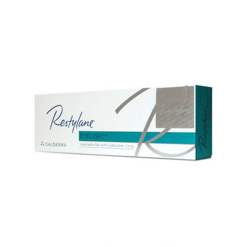 Restylane Eyelight dermal filler 0.5ml with lidocaine for under-eye treatment by Galderma in a clear syringe.