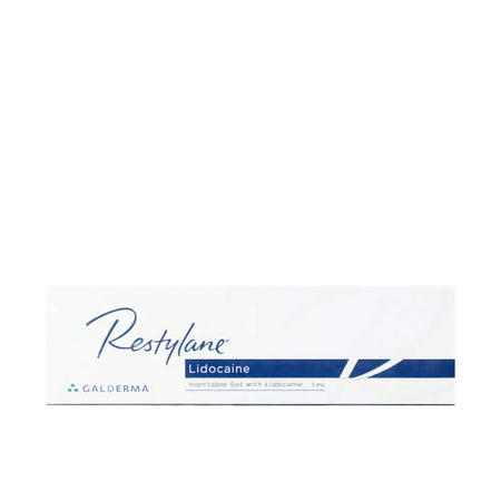 Restylane Lidocaine 1ml dermal filler by Galderma, showcasing a syringe with hyaluronic acid gel for aesthetic treatments.