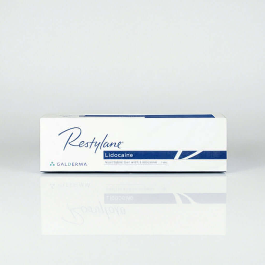 Restylane Lidocaine 1ml dermal filler by Galderma, featuring a clear gel with hyaluronic acid for smooth skin enhancement.