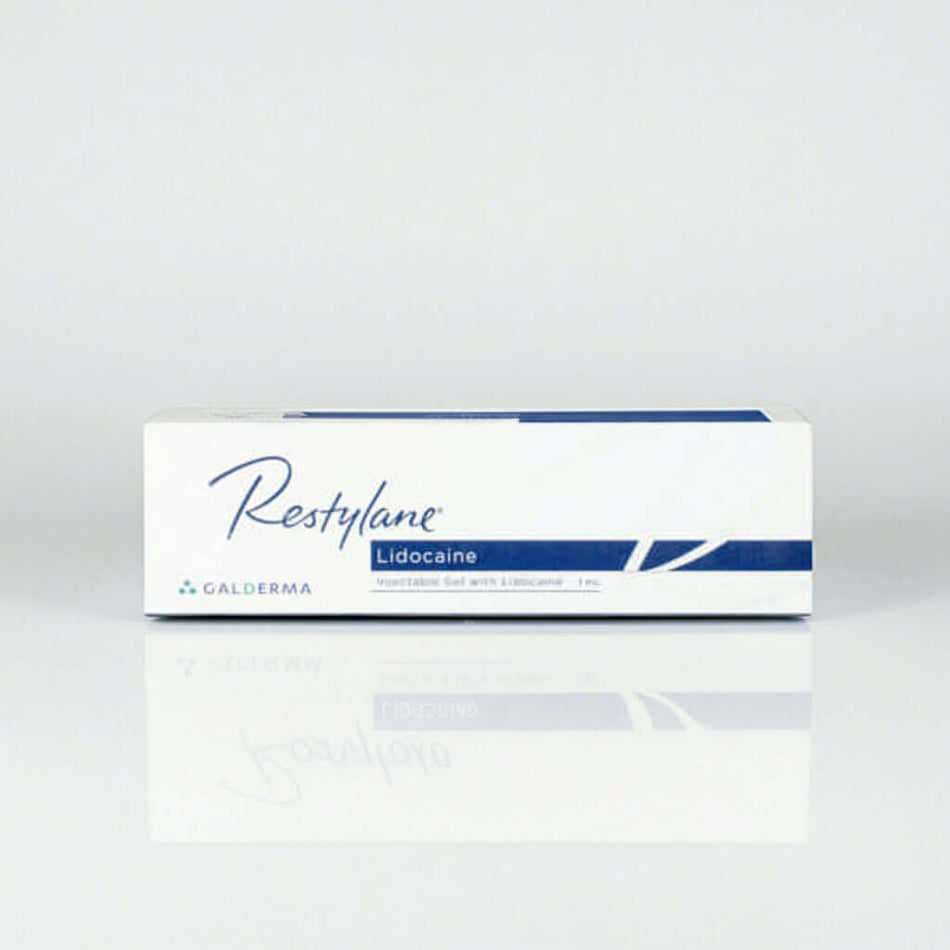 Restylane Lidocaine 1ml dermal filler by Galderma, featuring a clear gel with hyaluronic acid for smooth skin enhancement.