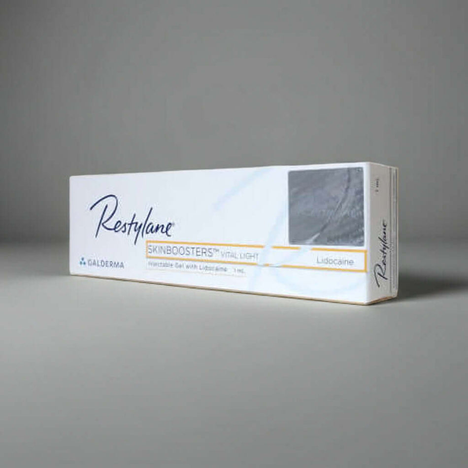 Restylane Vital Light 1ml dermal filler by Galderma for skin regeneration with hyaluronic acid and lidocaine.