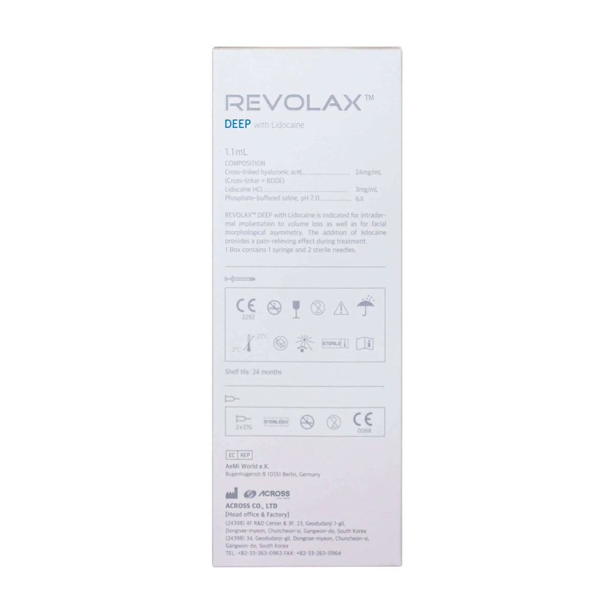Revolax Deep Lidocaine Dermalfiller von ACROSS, 1,1 ml Hyaluronsäure gegen tiefe Falten, injiziert für jünger aussehende Haut