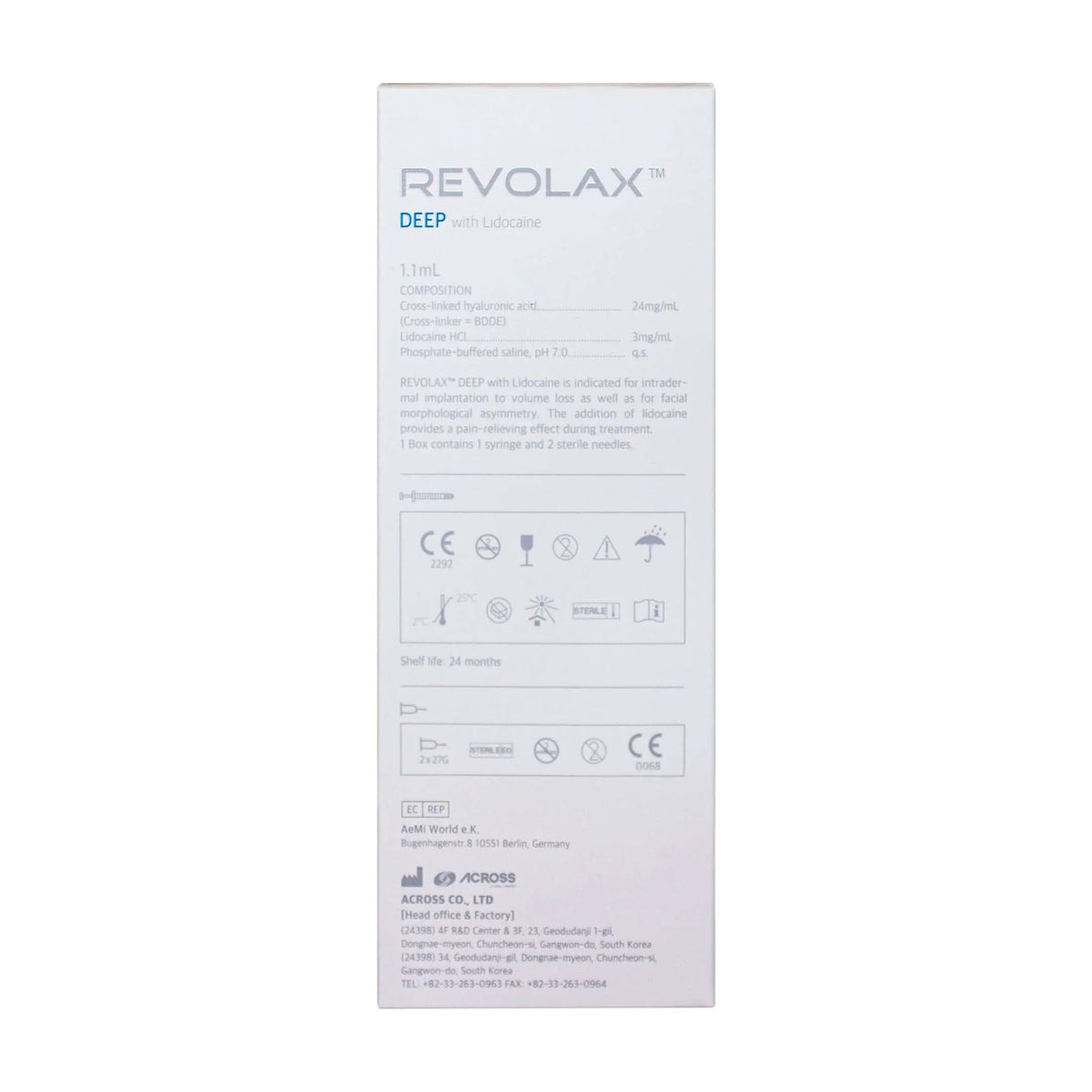 Revolax Deep Lidocaine Hyaluronsäure Dermalfiller von ACROSS, 1,1 ml Packung, für Faltenbehandlung und Volumenaugmentation.