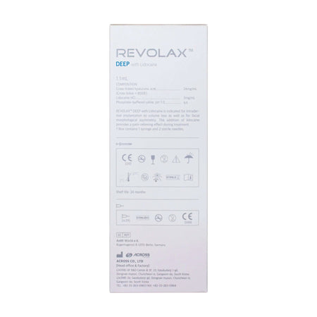 Revolax Deep Lidocaine Hyaluronsäure Dermalfiller von ACROSS, 1,1 ml Packung, für Faltenbehandlung und Volumenaugmentation.
