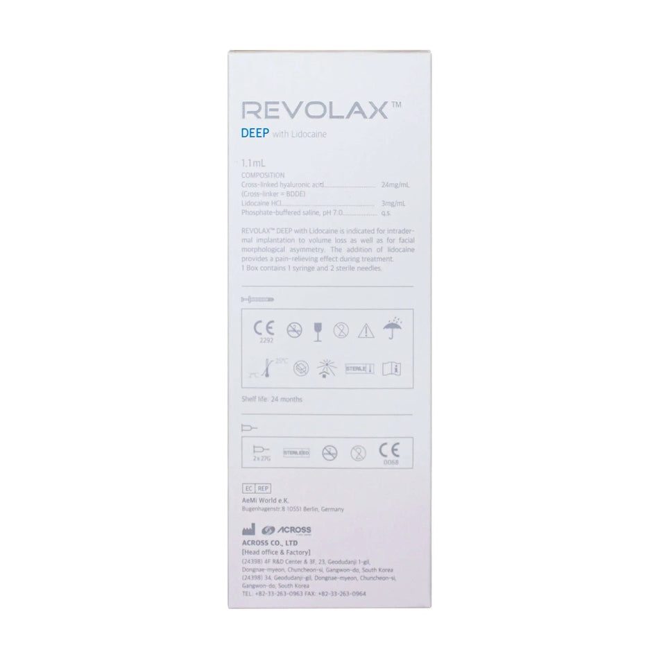 Revolax Deep Lidocaine Hyaluronsäure Dermalfiller von ACROSS, 1,1 ml Packung, für Faltenbehandlung und Volumenaugmentation.