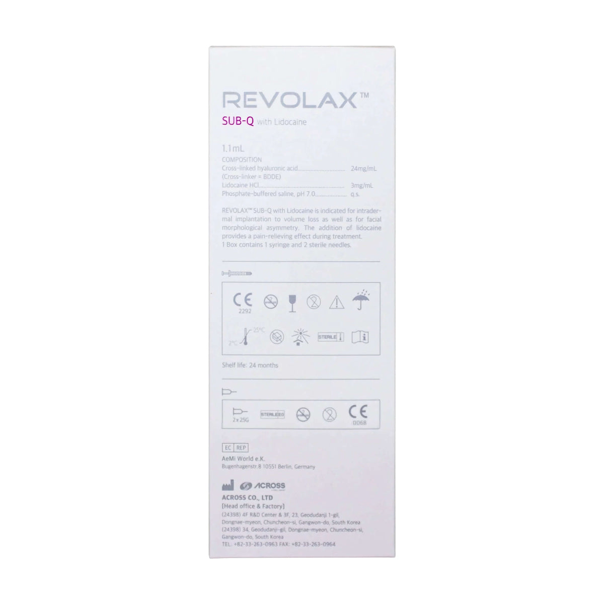 Revolax Sub-Q Lidocaine Hyaluronsäure Dermalfiller von ACROSS in 1,1 ml für Volumen und Hautstraffung, sichtbarer Applikator