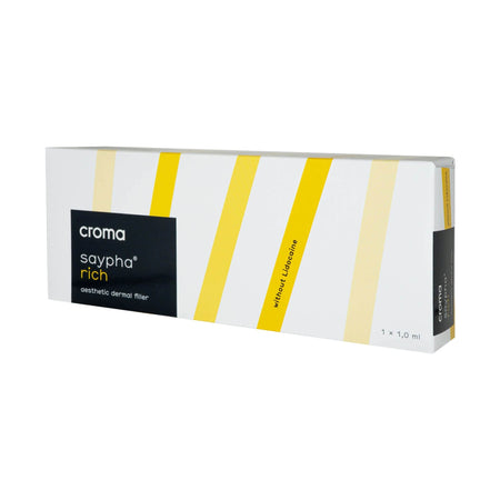 Saypha Rich 1 x 1 ml packaging, aesthetic dermal filler by Croma with sleek design and vibrant colors.