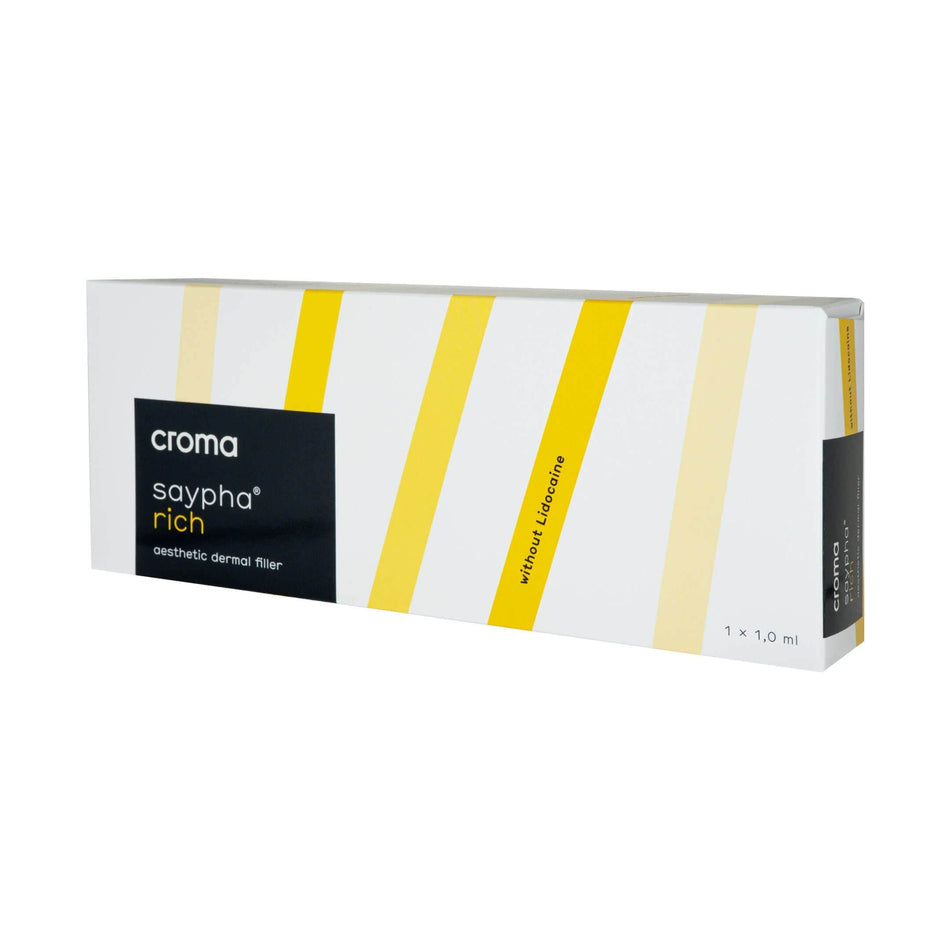 Saypha Rich 1 x 1 ml packaging, aesthetic dermal filler by Croma with sleek design and vibrant colors.