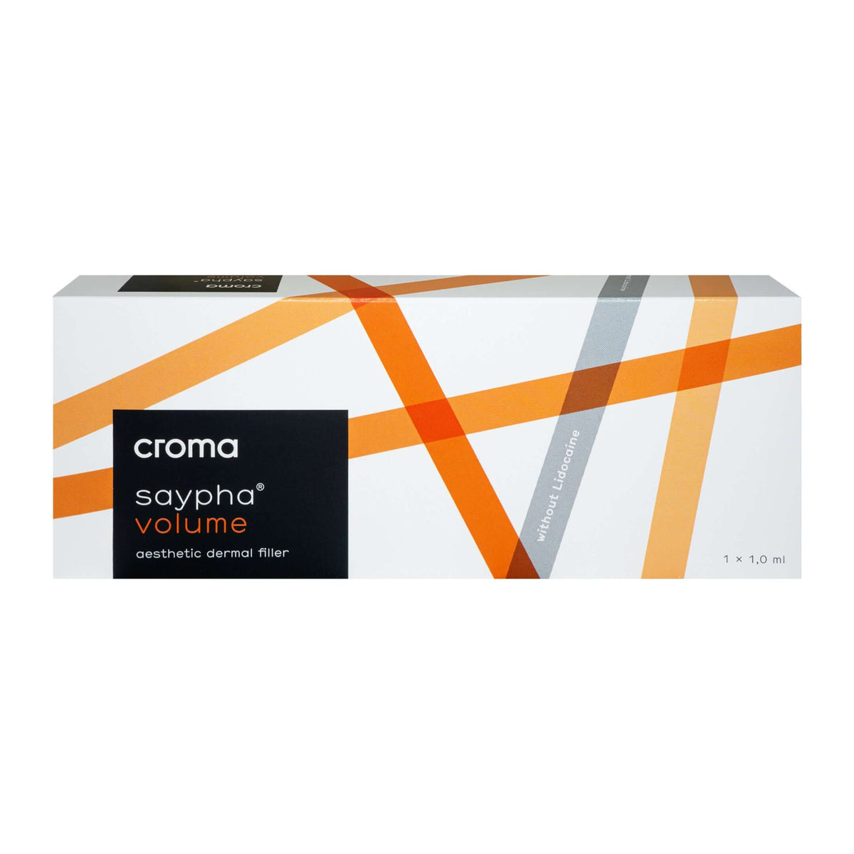 Saypha Volume 1 x 1 ml aesthetic dermal filler packaging by Croma for wrinkle correction.