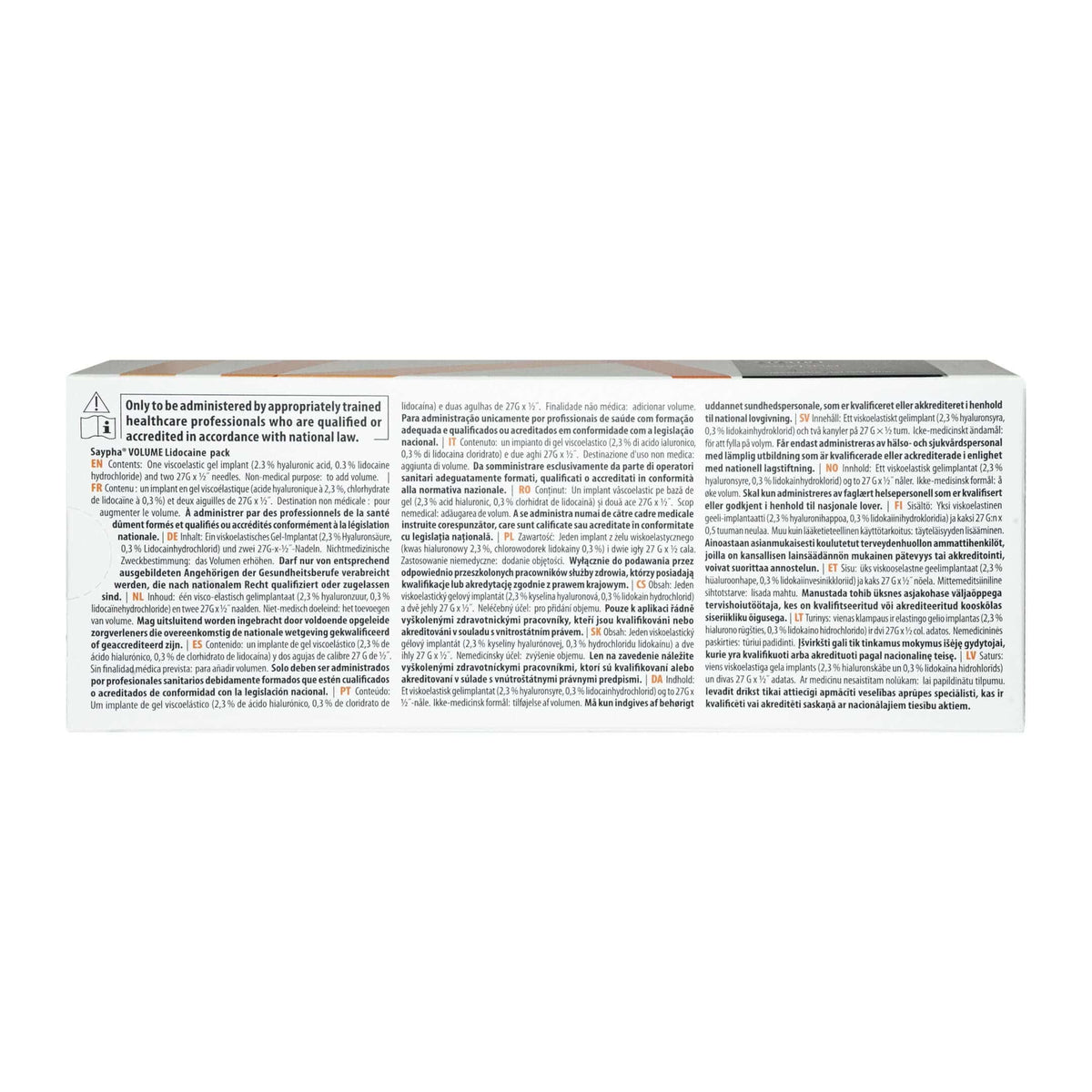 Produktbeschreibung für Saypha Volume mit Lidocaine 1 x 1 ml auf der Rückseite der Verpackung