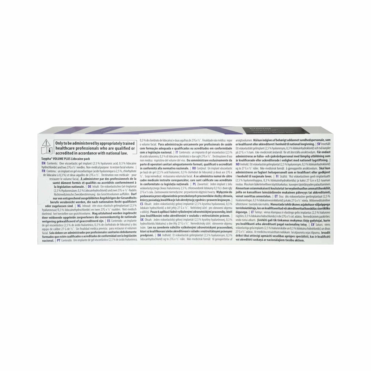 Saypha Volume Plus mit Lidocaine 1 x 1 ml product packaging with usage and safety instructions.