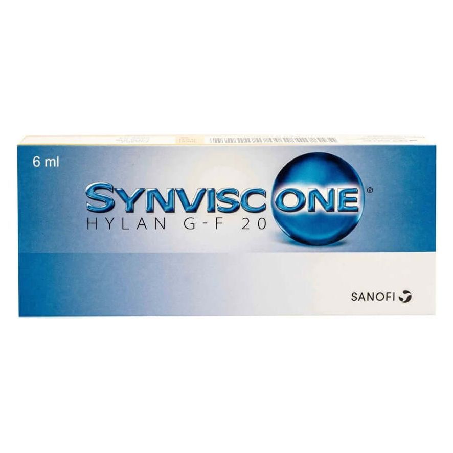 Hyaluronsäure-Injektion Synvisc One 48mg, 6ml, für Kniearthrose, Sanofi-Aventis, mit Spritze und Verpackung sichtbar