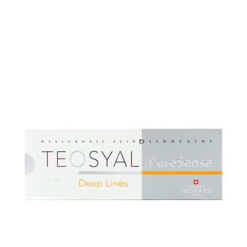 Teosyal PureSense Deep Lines (2 x 1 ml) packaging showcasing hyaluronic acid dermal filler for wrinkle correction.